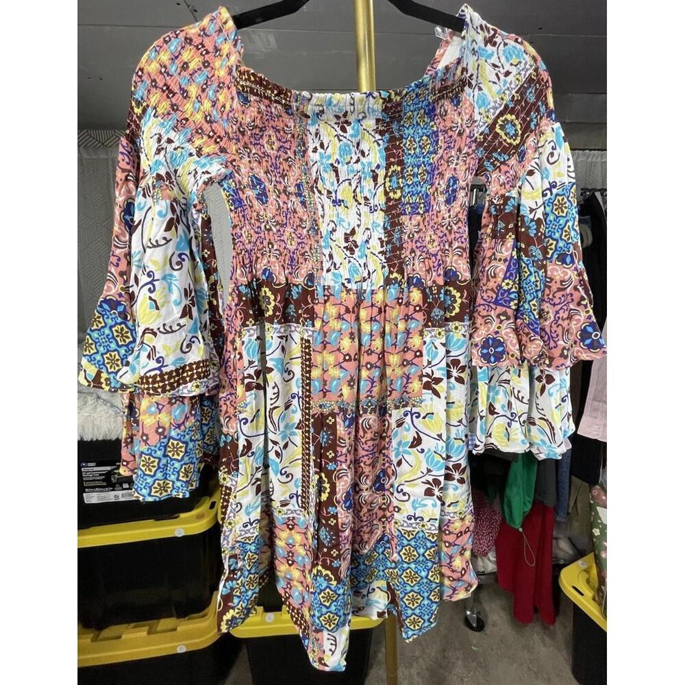 Illa Illa Women’s Dress Multicolor Patchwork Bell Layered Sleeve Boho Peasant Sm